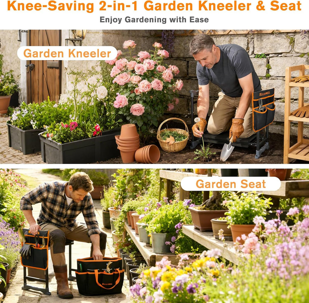 Garden Kneeler and Seat, Extra Wide Thick EVA Pad, Heavy Duty Foldable Garden Bench Holds 350lbs, Ergonomic Kneeling Stool with Garden Tool Pouches, Gardening Gifts for Women, Men & Seniors