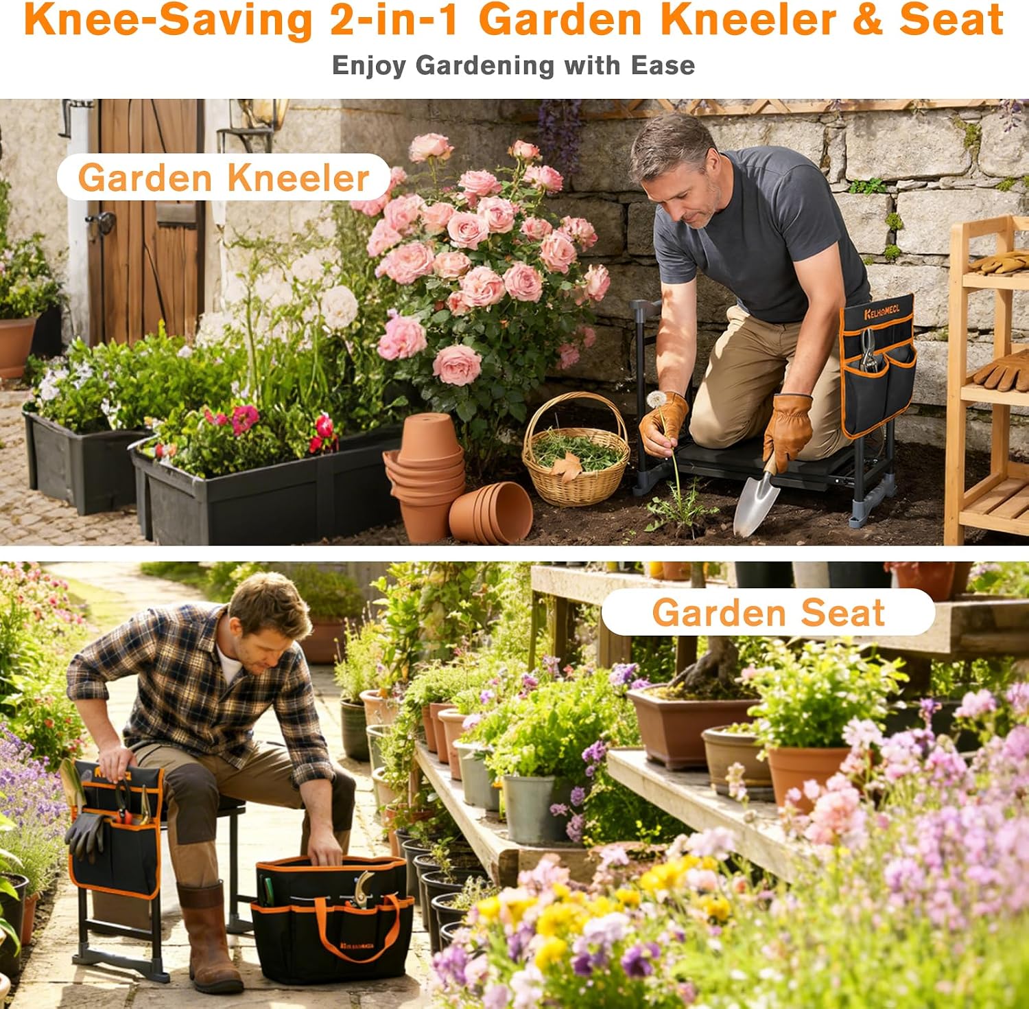 Garden Kneeler and Seat, Extra Wide Thick EVA Pad, Heavy Duty Foldable Garden Bench Holds 350lbs, Ergonomic Kneeling Stool with Garden Tool Pouches, Gardening Gifts for Women, Men & Seniors