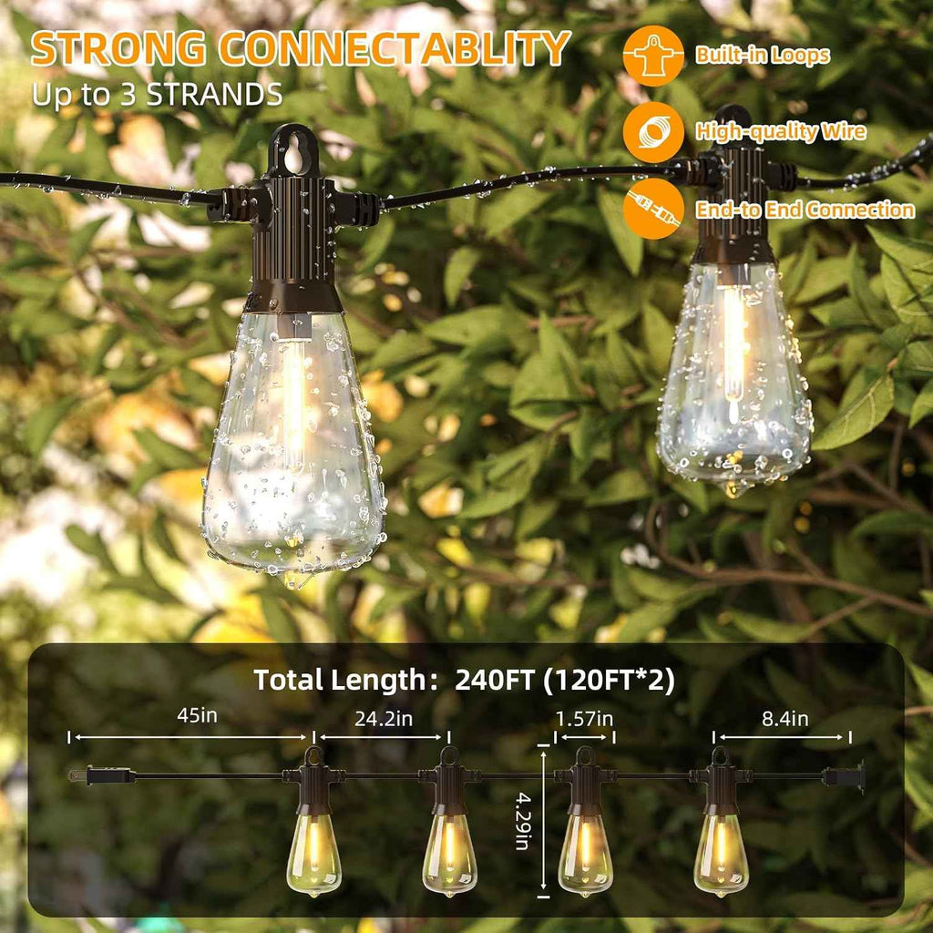 ST38 LED Outdoor String Lights, 240FT Waterproof IP65 Hanging Patio Lights | 120+4 Shatterproof ST38 Bulbs, Waterproof IP65, 2700K Warm White, Dimmable, Perfect for Patio Backyard Gazebo Bistro Garden
