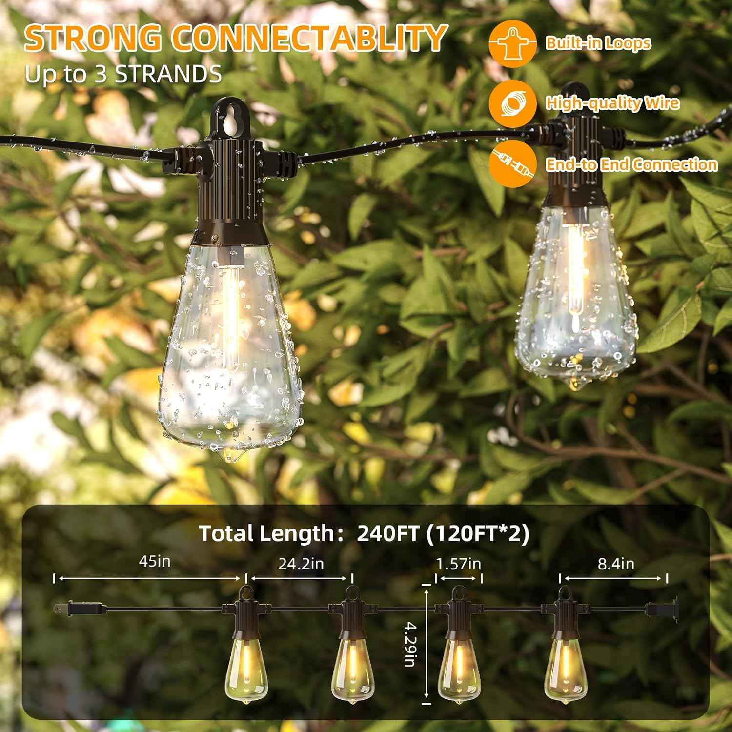 ST38 LED Outdoor String Lights, 240FT Waterproof IP65 Hanging Patio Lights | 120+4 Shatterproof ST38 Bulbs, Waterproof IP65, 2700K Warm White, Dimmable, Perfect for Patio Backyard Gazebo Bistro Garden