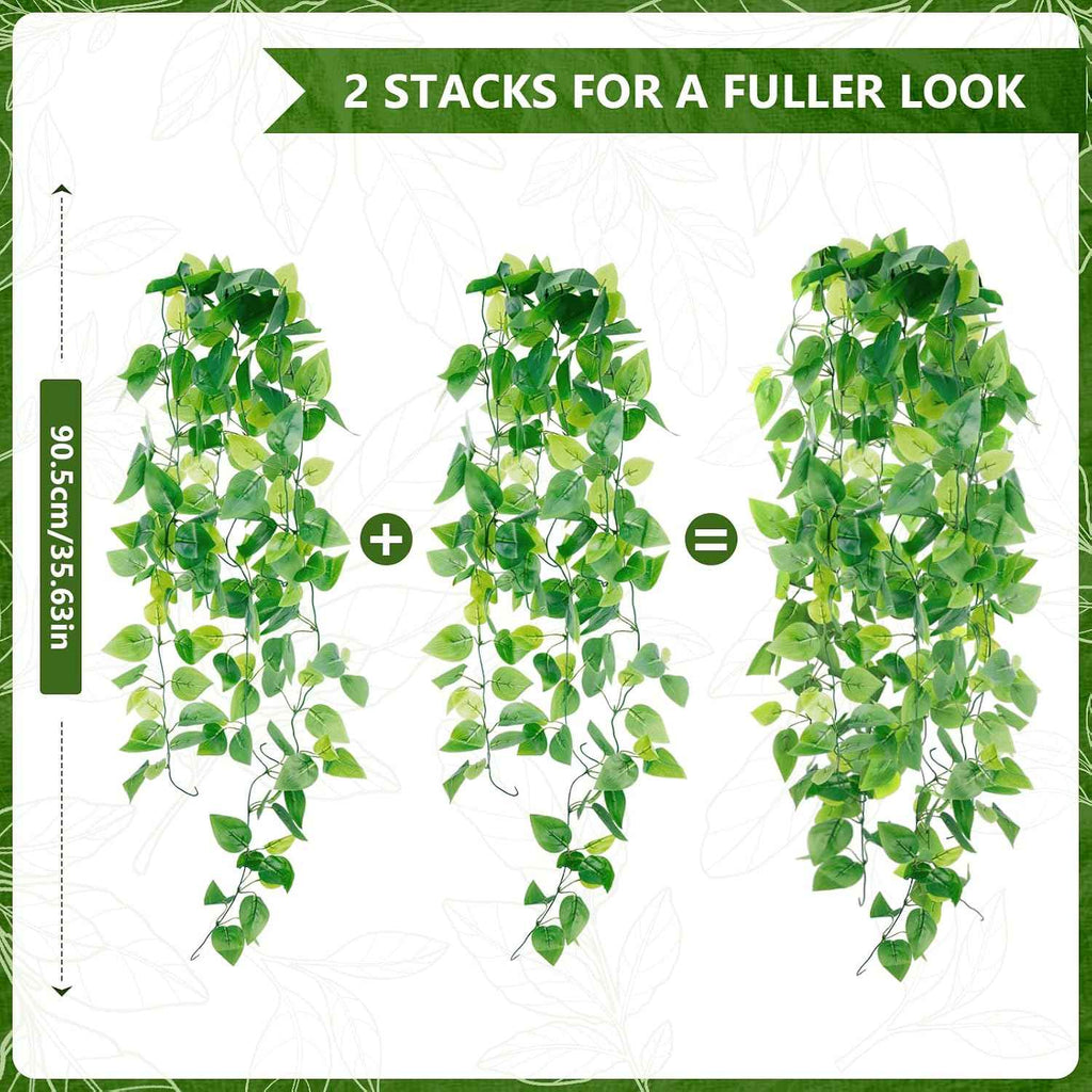 2-Pack Fake Hanging Plants, Faux Hanging Plant Artificial Greenery for Living Room Bedroom Boho Wall Shelf Indoor Outdoor Decor (Green Pothos Ivy Vines)