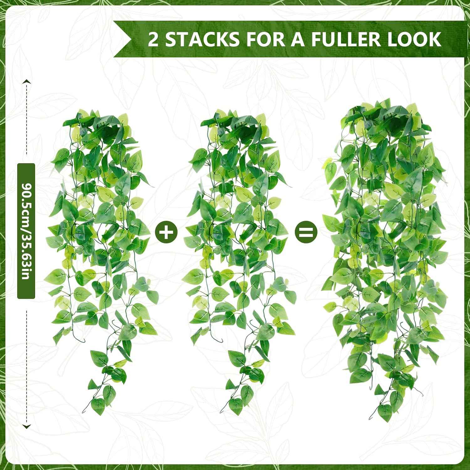 2-Pack Fake Hanging Plants, Faux Hanging Plant Artificial Greenery for Living Room Bedroom Boho Wall Shelf Indoor Outdoor Decor (Green Pothos Ivy Vines)