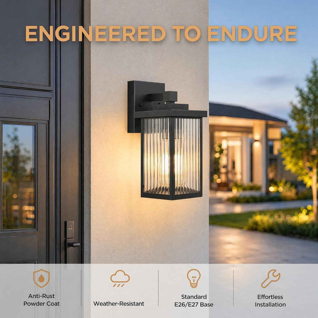 Black Wall Mount Porch Lights, Modern Outdoor Lighting Fixtures | 10.6 inch, Anti-Rust Metal Frame, Tempered Glass, E26 Socket, Pre-Assembled DIY Install for Porch, Garage, Front Door