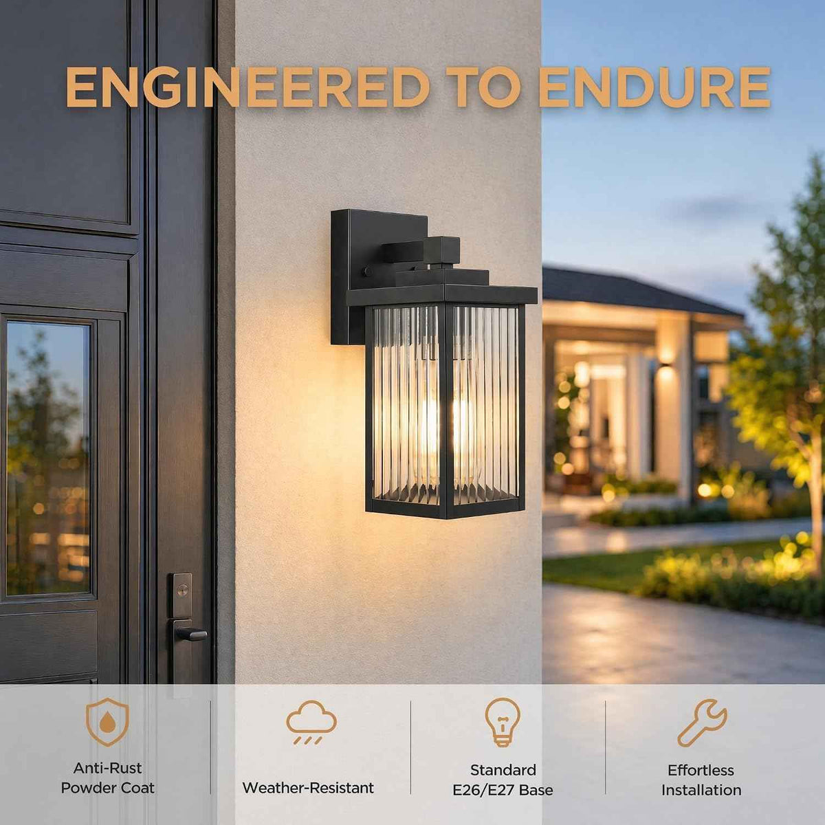 Black Wall Mount Porch Lights, Modern Outdoor Lighting Fixtures | 10.6 inch, Anti-Rust Metal Frame, Tempered Glass, E26 Socket, Pre-Assembled DIY Install for Porch, Garage, Front Door