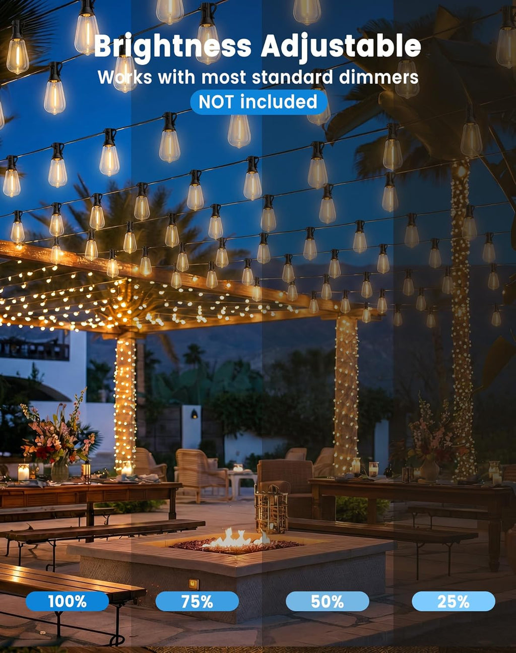 60FT(50+10) String Lights Outdoor, 2FT Bulb Spacing, Waterproof Shatterproof Warm White ST38 LED Edison Bulbs, Extension Cord, Plug in Connectable Hanging Patio Lights for Outside, Backyard