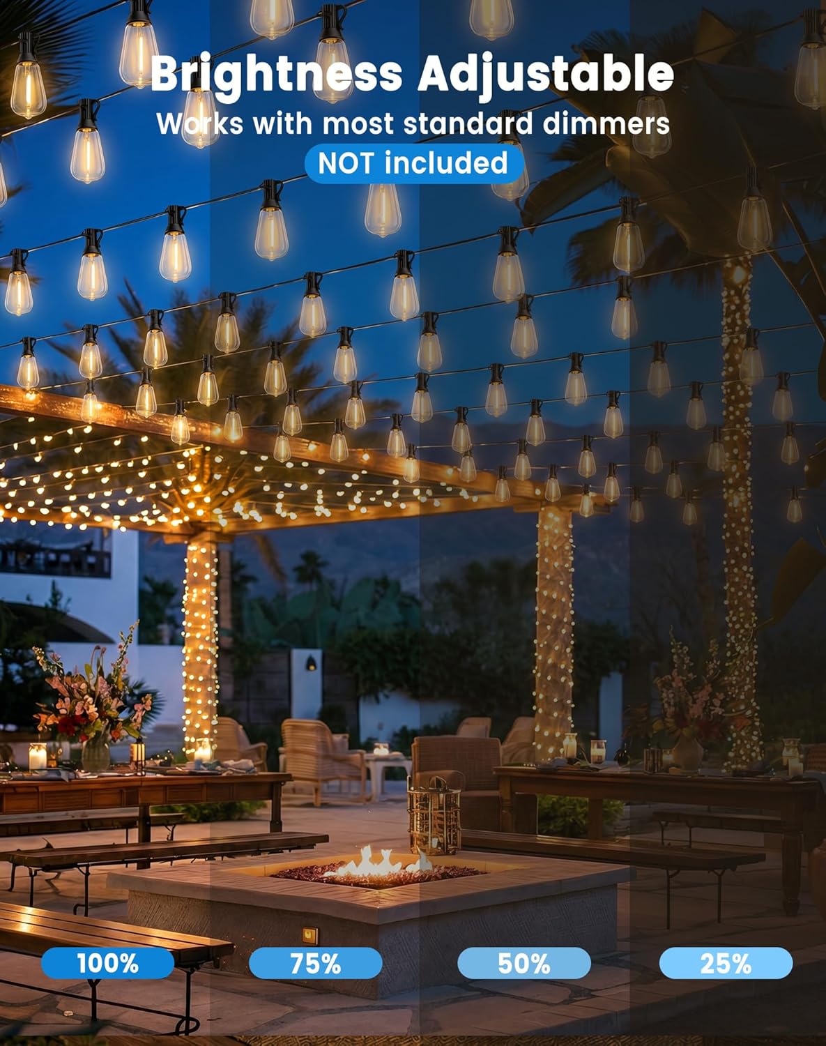 60FT(50+10) String Lights Outdoor, 2FT Bulb Spacing, Waterproof Shatterproof Warm White ST38 LED Edison Bulbs, Extension Cord, Plug in Connectable Hanging Patio Lights for Outside, Backyard