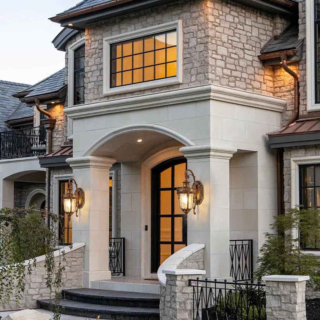 Vintage Gold Outdoor Wall Light Fixtures 17" Outside Wall Lantern Waterproof Exterior Porch Lights with Hammered Glass Shade Wall Sconce Light for House Front Door Garage Doorway Yard