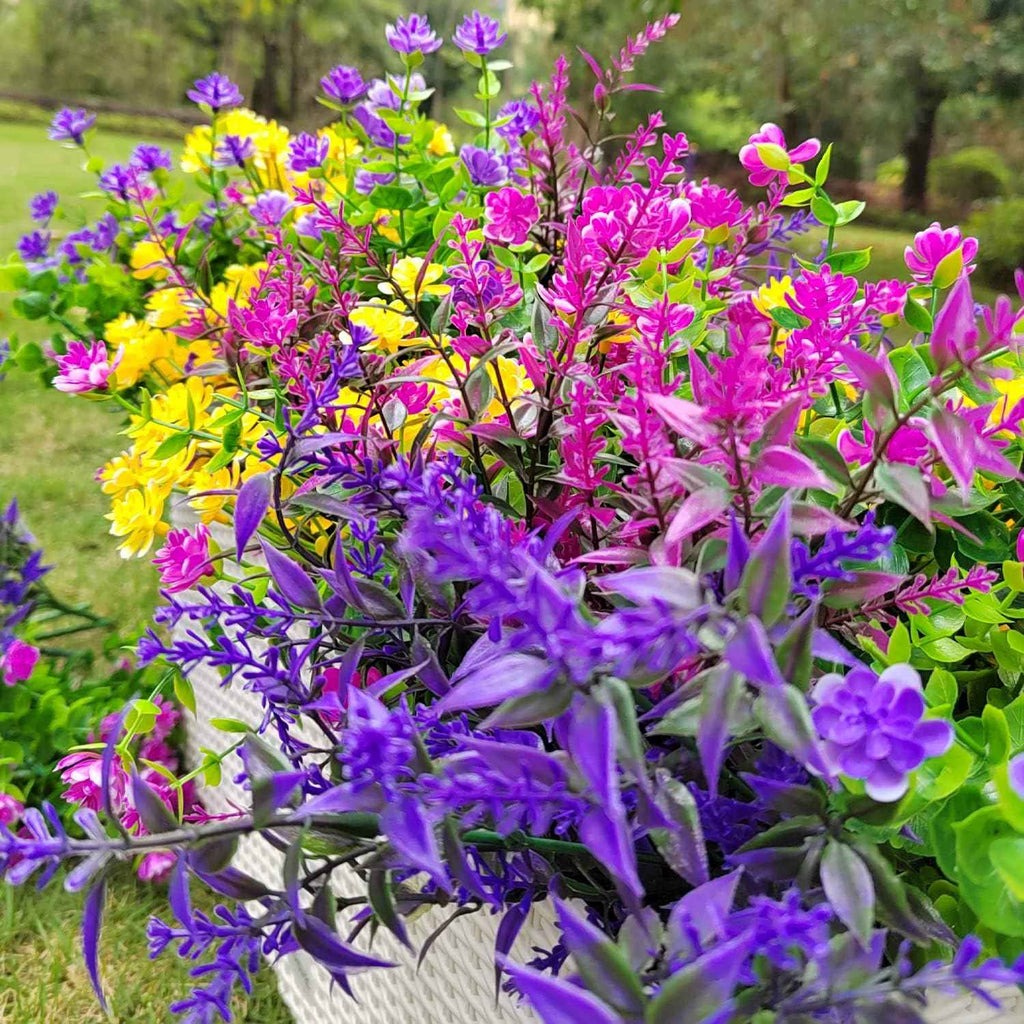 Grunyia 20 Bundles Artificial Flowers Outdoor UV Resistant No Fade Fake Plants Faux Plastic Shrubs for Garden Patio Porch Window Box Home Wedding Farmhouse Hanging Décor