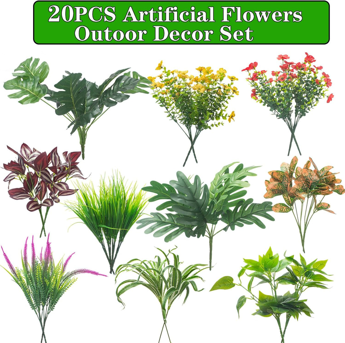Grunyia 20PCS Fake Flowers UV Resistant Artificial Plants & Faux Shrubs - Outdoor Plastic Greenery Stems for Garden Porch, Window Box Planter, Home Decor(Pot Not Included)