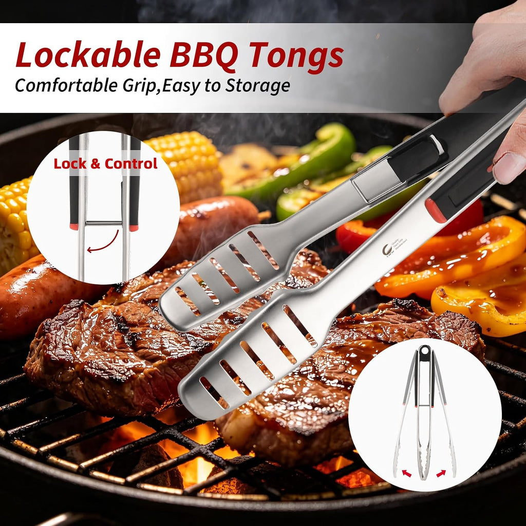 BBQ Tools Set, 4 PCS Heavy Duty Stainless Steel Spatula, Fork, Tongs with Portable Bag, Essential Accessories for Barbecue Outdoor Grill, Grilling Gifts for Men Dad Camp Chef