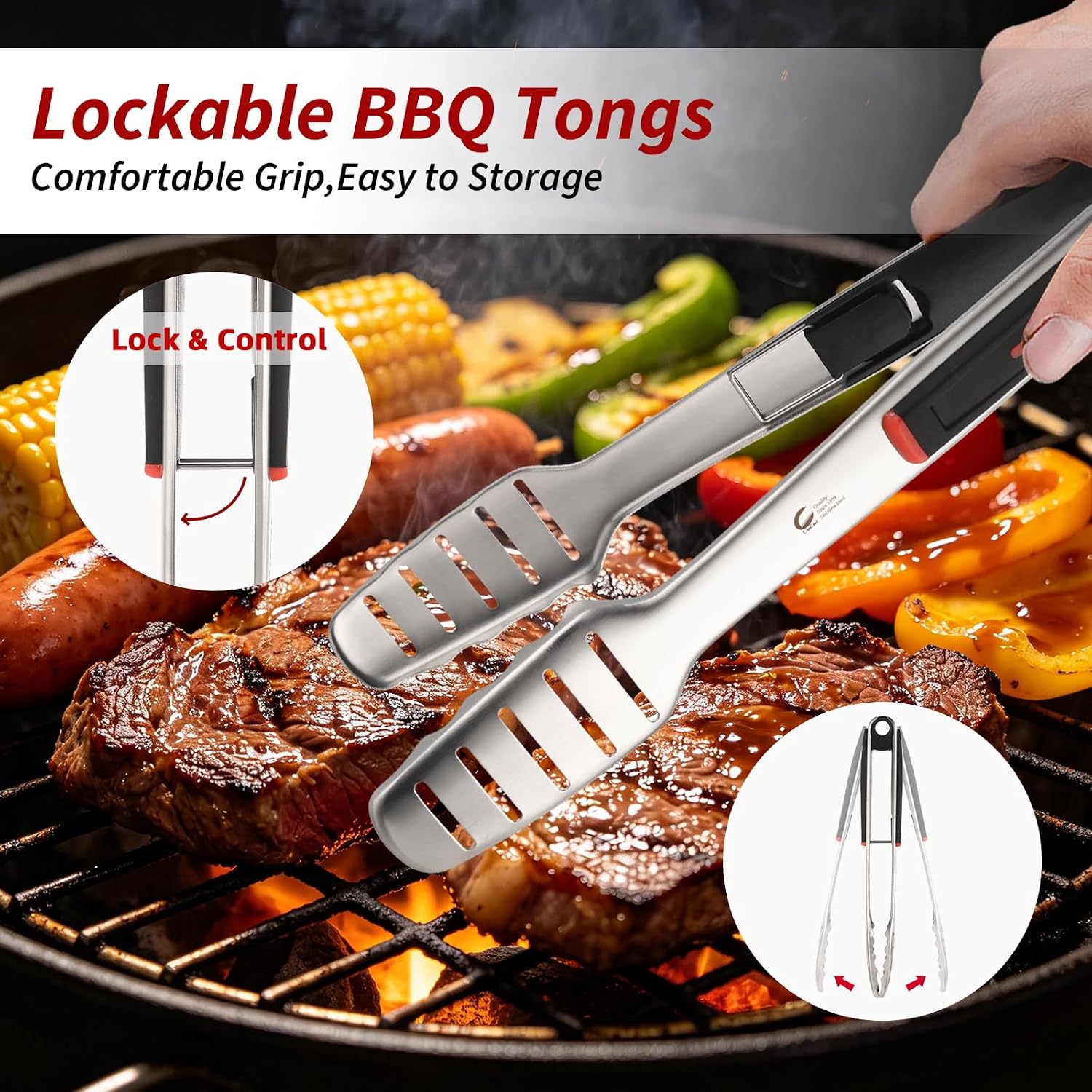 BBQ Tools Set, 4 PCS Heavy Duty Stainless Steel Spatula, Fork, Tongs with Portable Bag, Essential Accessories for Barbecue Outdoor Grill, Grilling Gifts for Men Dad Camp Chef