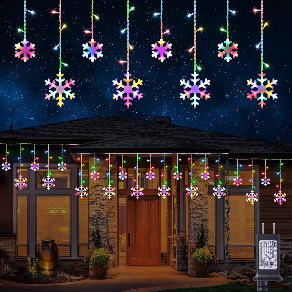 Christmas Snowflake Lights Outdoor, 17.22ft 264 LED Snowflake Icicle Lights with 22 Drops, 8 Modes connectable Plug In Christmas Light Waterproof for Eaves, Garden, Indoor & Outdoor Decor (Multicolor)
