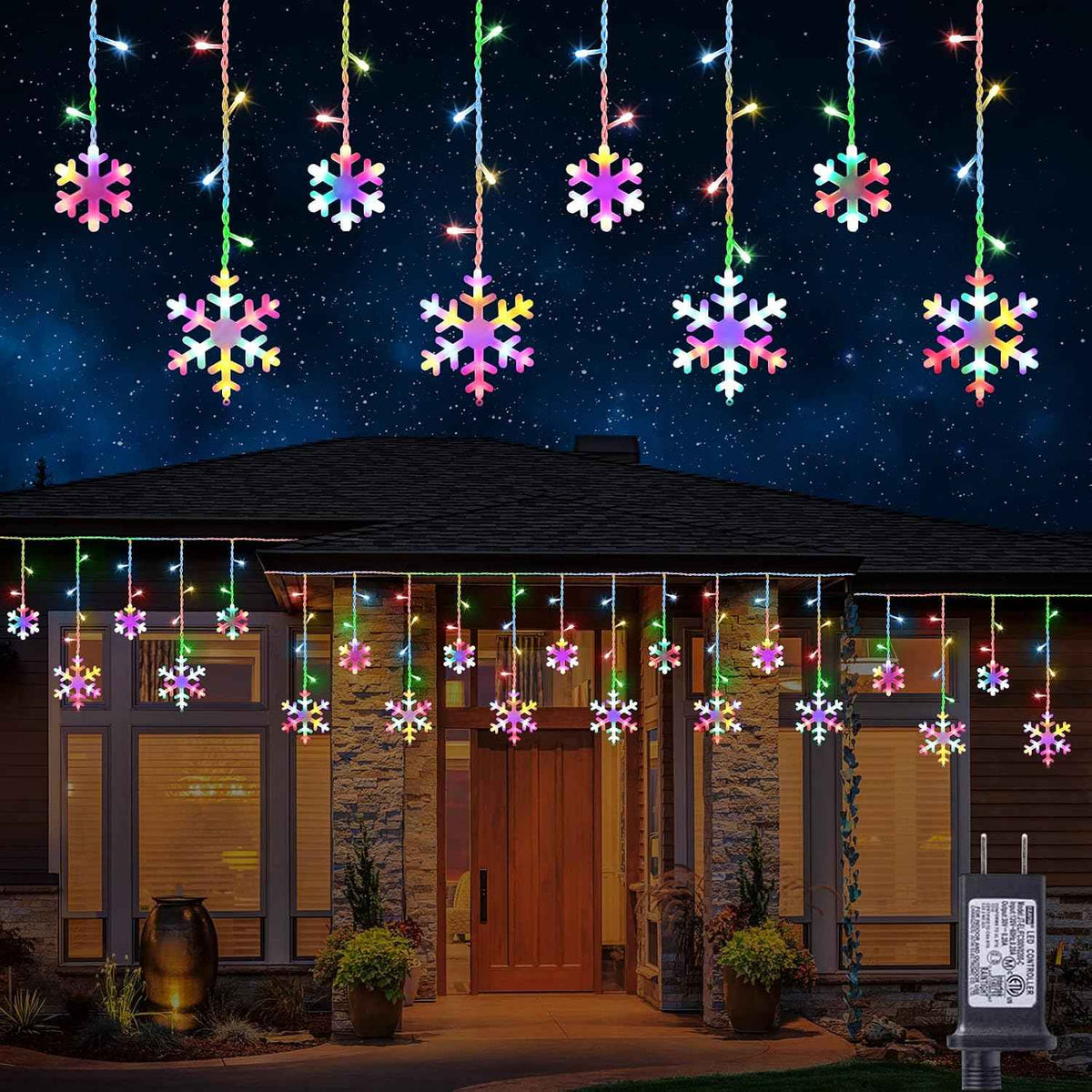 Christmas Snowflake Lights Outdoor, 17.22ft 264 LED Snowflake Icicle Lights with 22 Drops, 8 Modes connectable Plug In Christmas Light Waterproof for Eaves, Garden, Indoor & Outdoor Decor (Multicolor)
