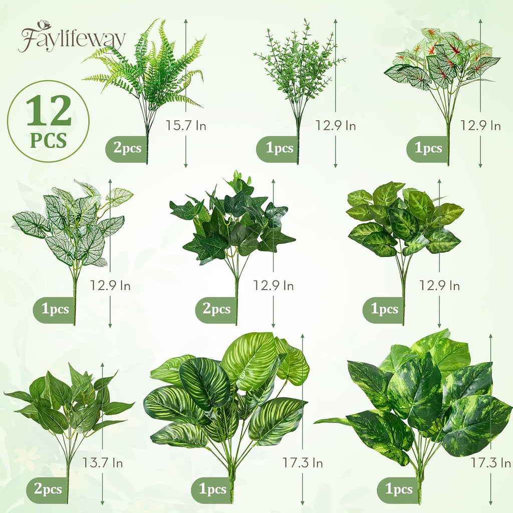 12 Bundles Artificial Plants Outdoor, UV Resistant Greenery | Large faux greenery stems for outside planters, porch, window box and patio garden decor. Maintenance free, pot not included