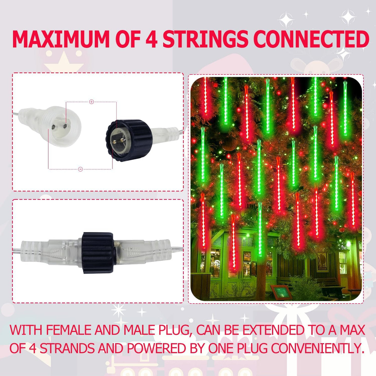 2 Pack Christmas Lights Outdoor 16 Tubes 384 LEDs Meteor Shower Rain Lights | Extendable, Timer, Waterproof Christmas String Lights, Icicle lights Outdoor for Xmas Tree Garden Yard Decor, Red and Green