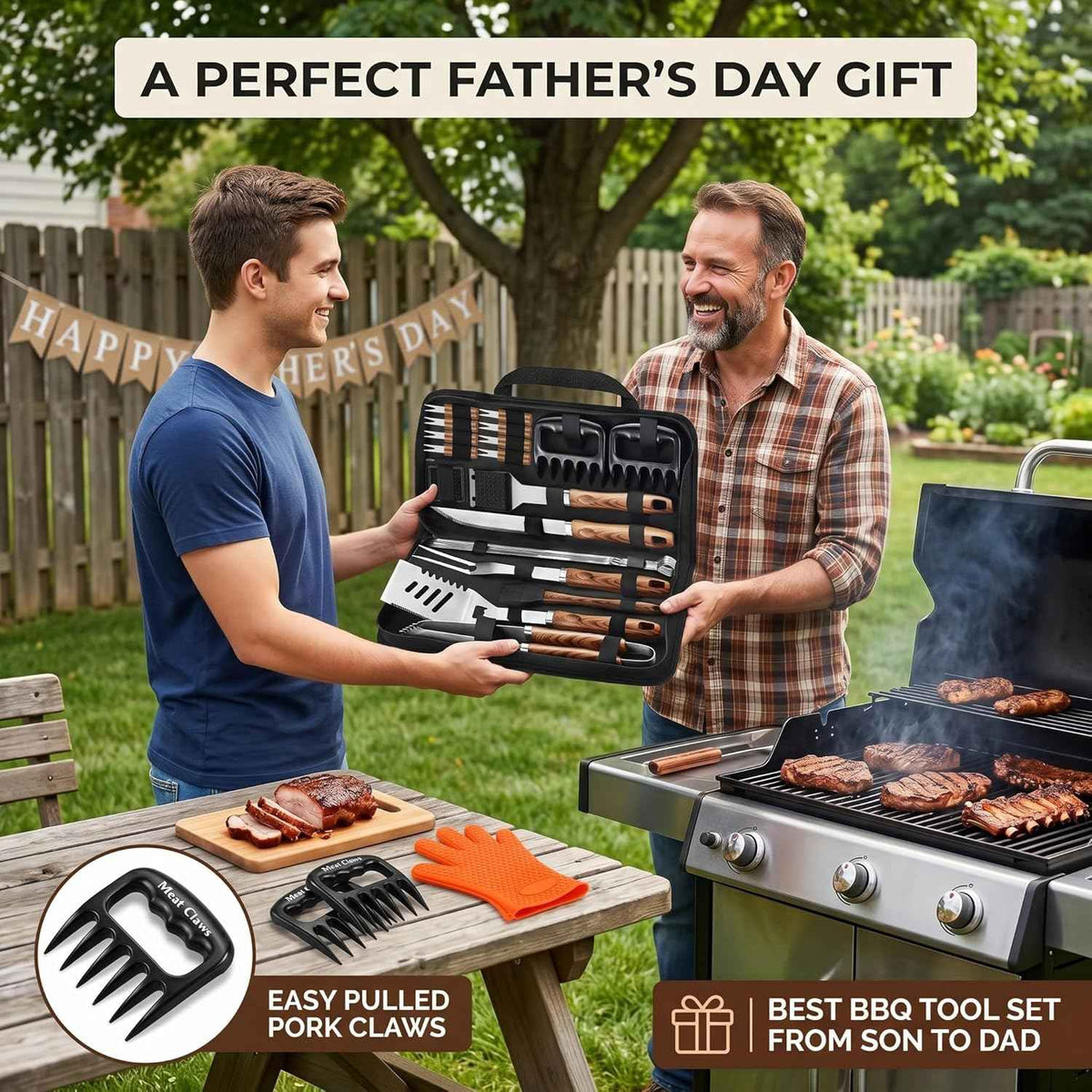ROMANTICIST 23pcs Heavy Duty Grilling Gifts for Men Dad Fathers Day, Extra Thick BBQ Accessories Tools Set, Stainless Steel Grill Utensils Kit with Meat Claws,Canvas Bag for Outdoor Camping Brown