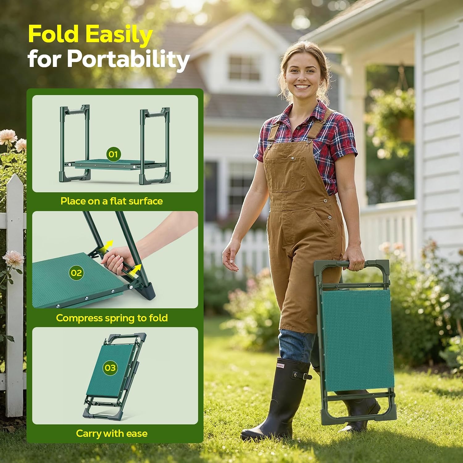 MoKo Garden Kneeler, 350 lb Foldable Garden Kneeler and Seat Tool Bag,Green | 2-in-1 Heavy Duty Gardening Stool,10.2in widened seat cushion and 2 Oxford tool bag, Gardening Gifts for Women, Seniors,