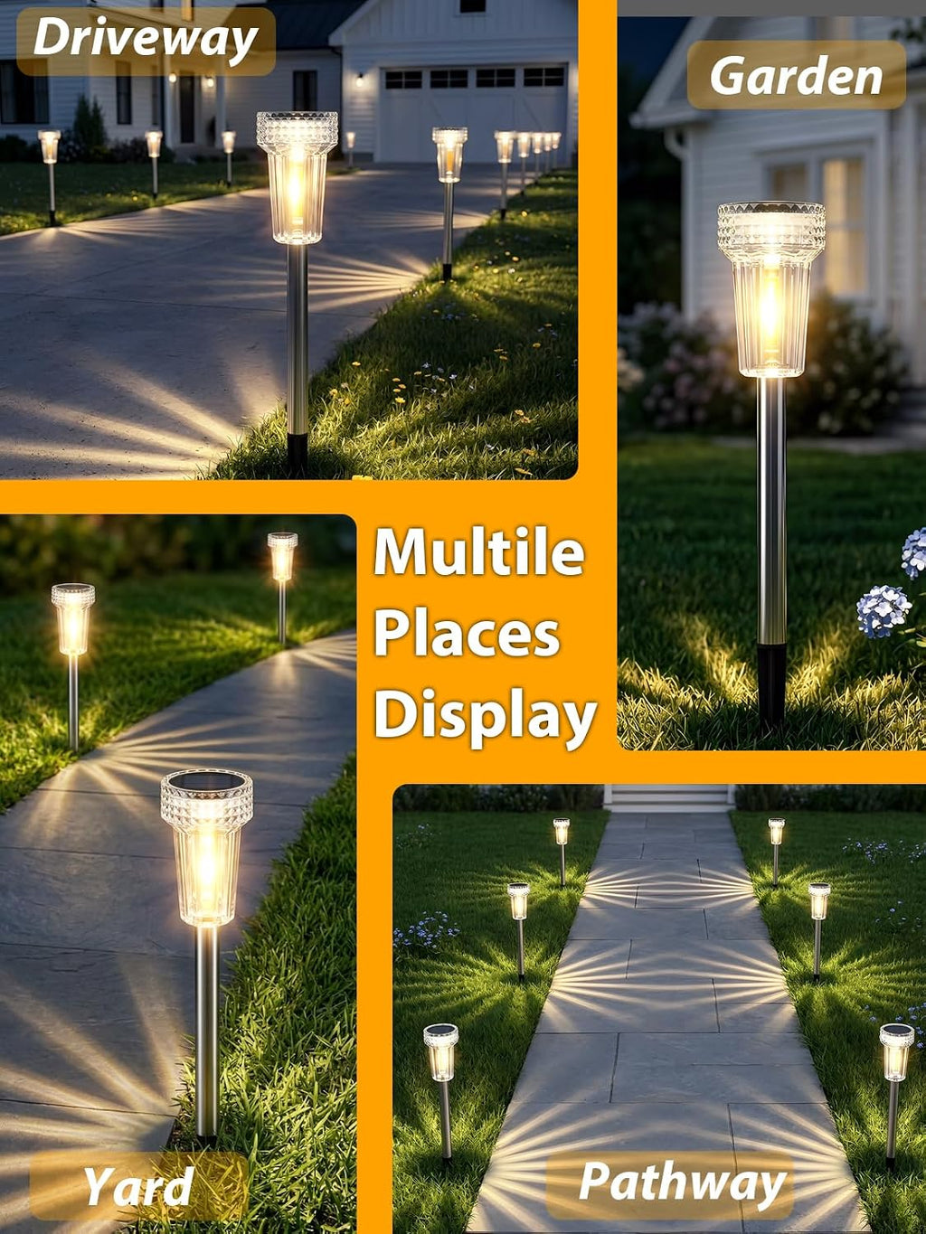 DERAYSION 12 Pack Solar Pathway Lights Outdoor, Solar Powered Garden Lights Auto On/Off, Waterproof Stainless Steel Pole Landscape Lighting for Path, Yard, Walkway, Driveway Decor - Warm White