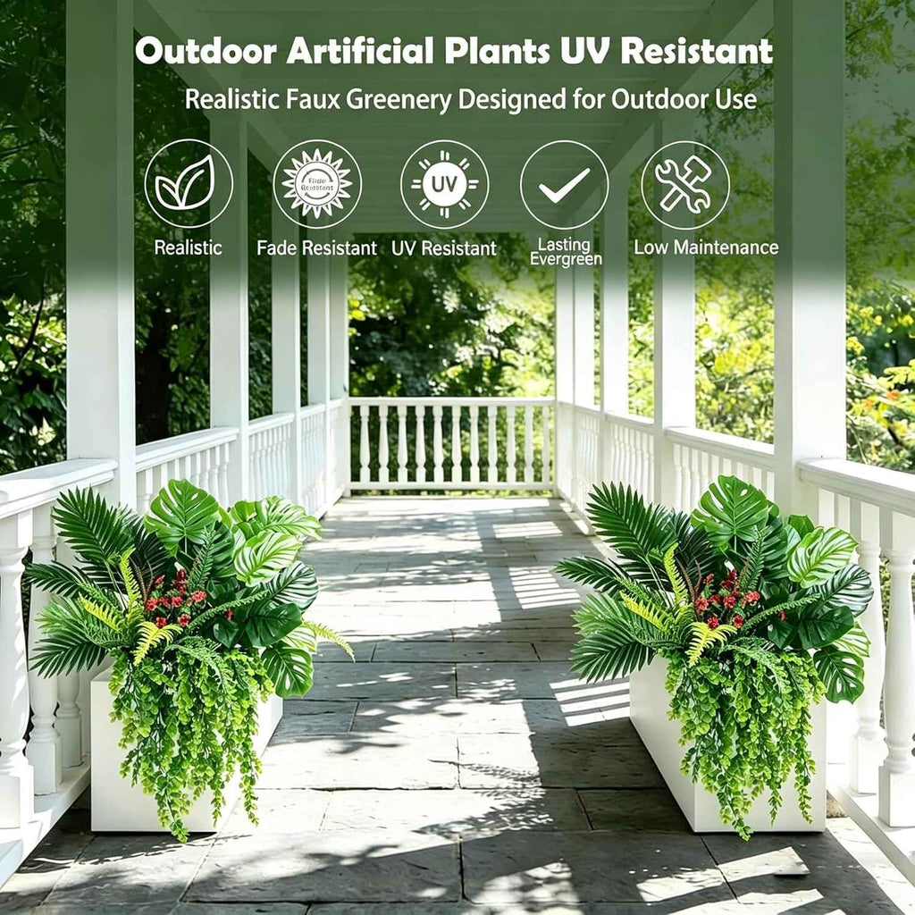 8 Bundles Large Artificial Plants Outdoor UV Resistant, Faux Greenery with Tropical Leaves & Hanging Ferns, Realistic Fake Plants for Outdoor Planters, Front Porch, Patio, Window Boxes, Garden Decor