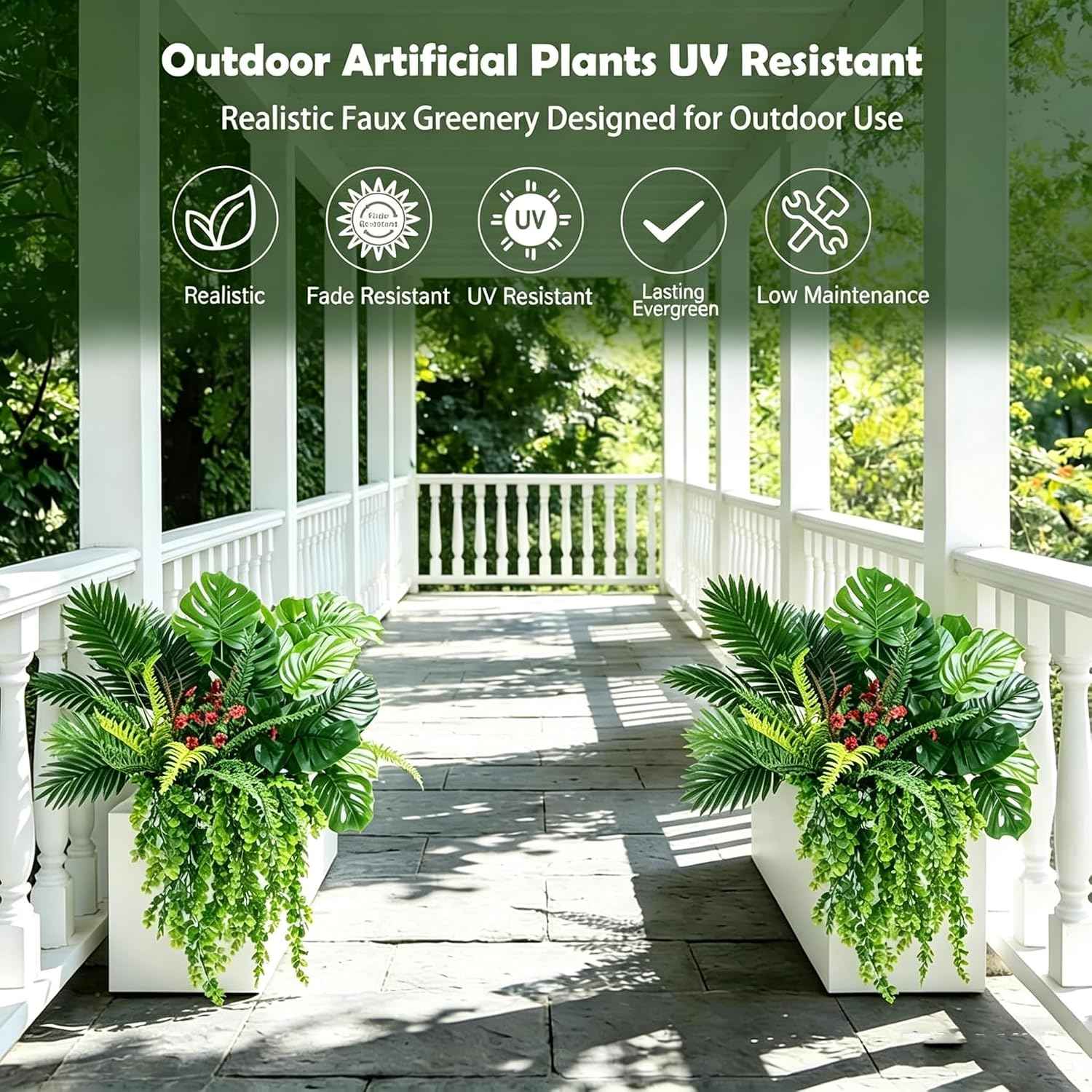 8 Bundles Large Artificial Plants Outdoor UV Resistant, Faux Greenery with Tropical Leaves & Hanging Ferns, Realistic Fake Plants for Outdoor Planters, Front Porch, Patio, Window Boxes, Garden Decor