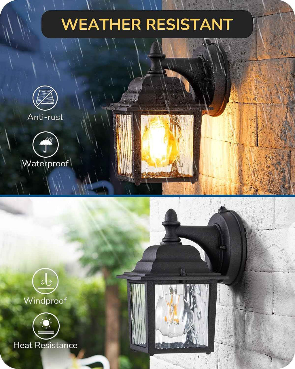 EDISHINE 2 Pack Outdoor Wall Lights, Modern Dusk to Dawn Black Porch Light | Clear Water Ripple Glass, Anti-Rust Aluminum, Standard E26 Socket, Waterproof Exterior Lighting Fixtures for Front Door