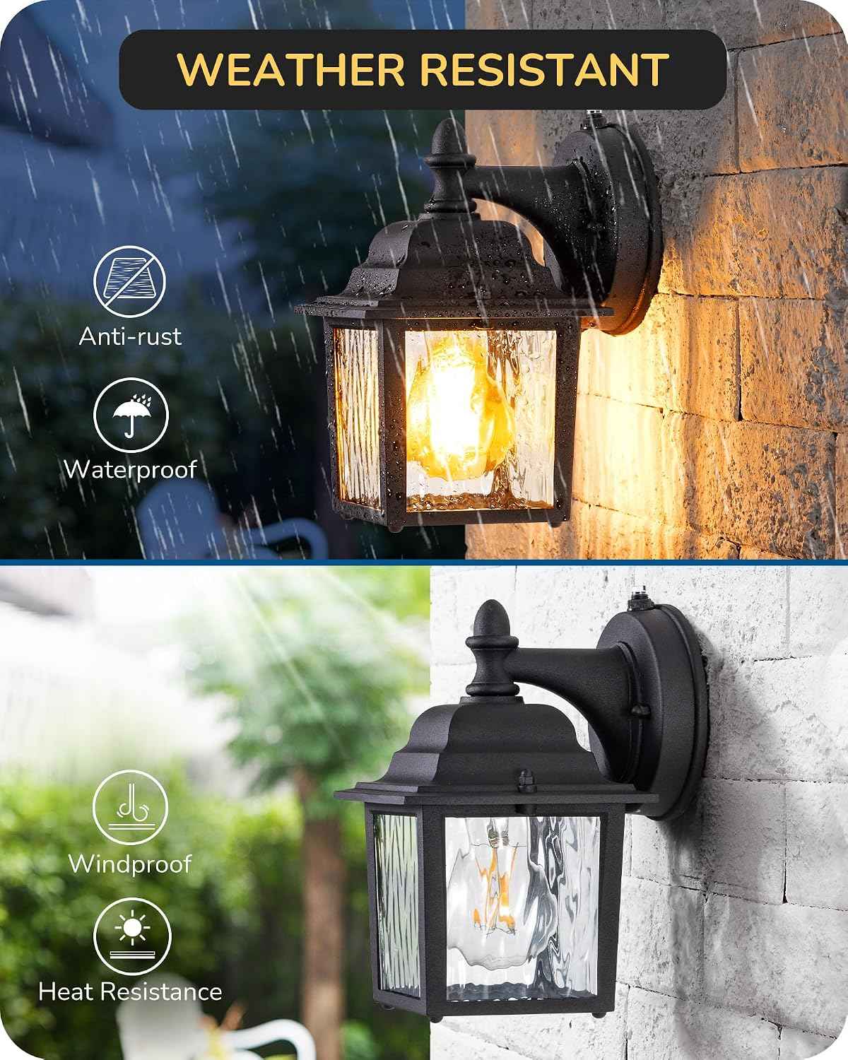 EDISHINE 2 Pack Outdoor Wall Lights, Modern Dusk to Dawn Black Porch Light | Clear Water Ripple Glass, Anti-Rust Aluminum, Standard E26 Socket, Waterproof Exterior Lighting Fixtures for Front Door