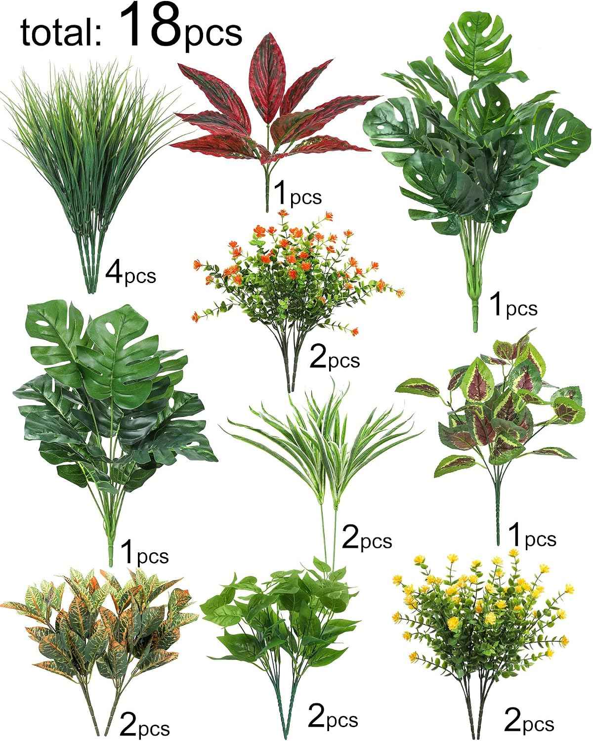 Ouddy Decor 18 Pcs Artificial Plants for Outdoors Fake Greenery Stems | Faux boxwood shrubs flowers, UV resistant, indoor outdoor porch patio garden table vase window box spring summer home decor