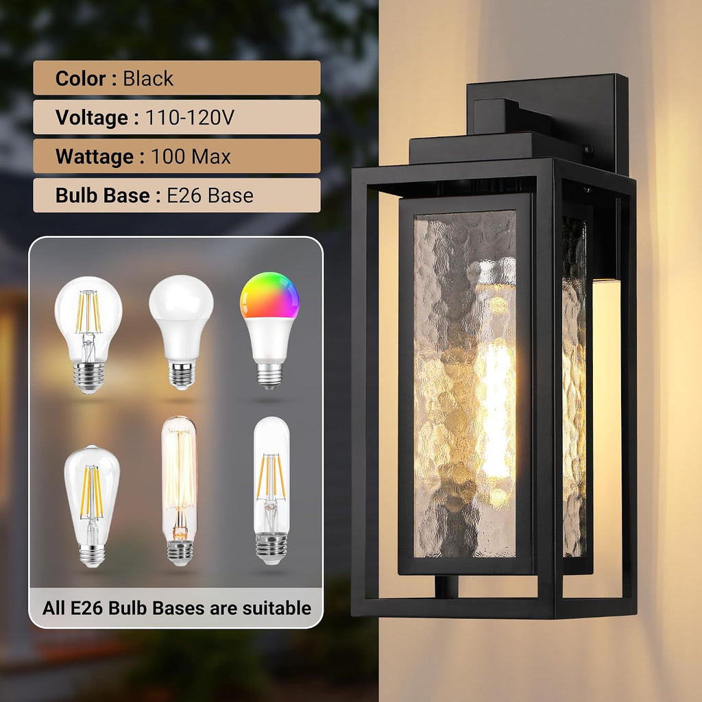 WIHTU 15.78'' Exterior Porch Light Fixture,Outdoor Wall Sconce Lights,Black | Water Ripple Glass , Rustproof Double Metal Frame, Waterproof. T30 Bulbs Included. 2 Packs, Outdoor & Indoor, For Porch