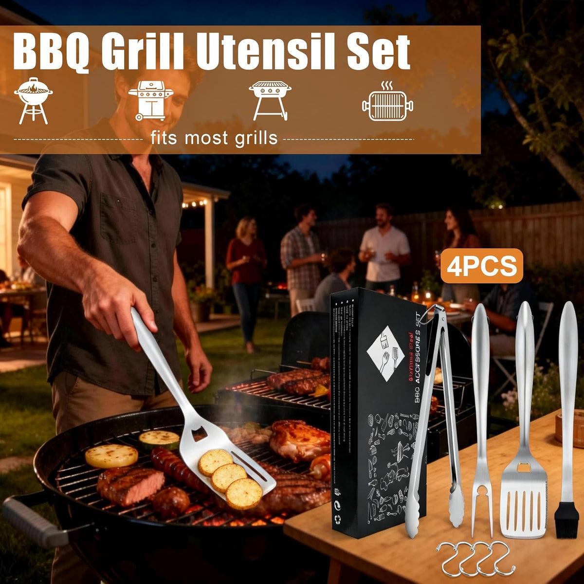 BBQ Accessories, HaSteeL 18In Grill Tools for Outdoor Grill - 4 Pack | Stainless Steel Grill Accessories for Camping, Heavy-Duty Grill Spatula, Tong, Fork, Brush, Campfire Cooking Utensils for Men