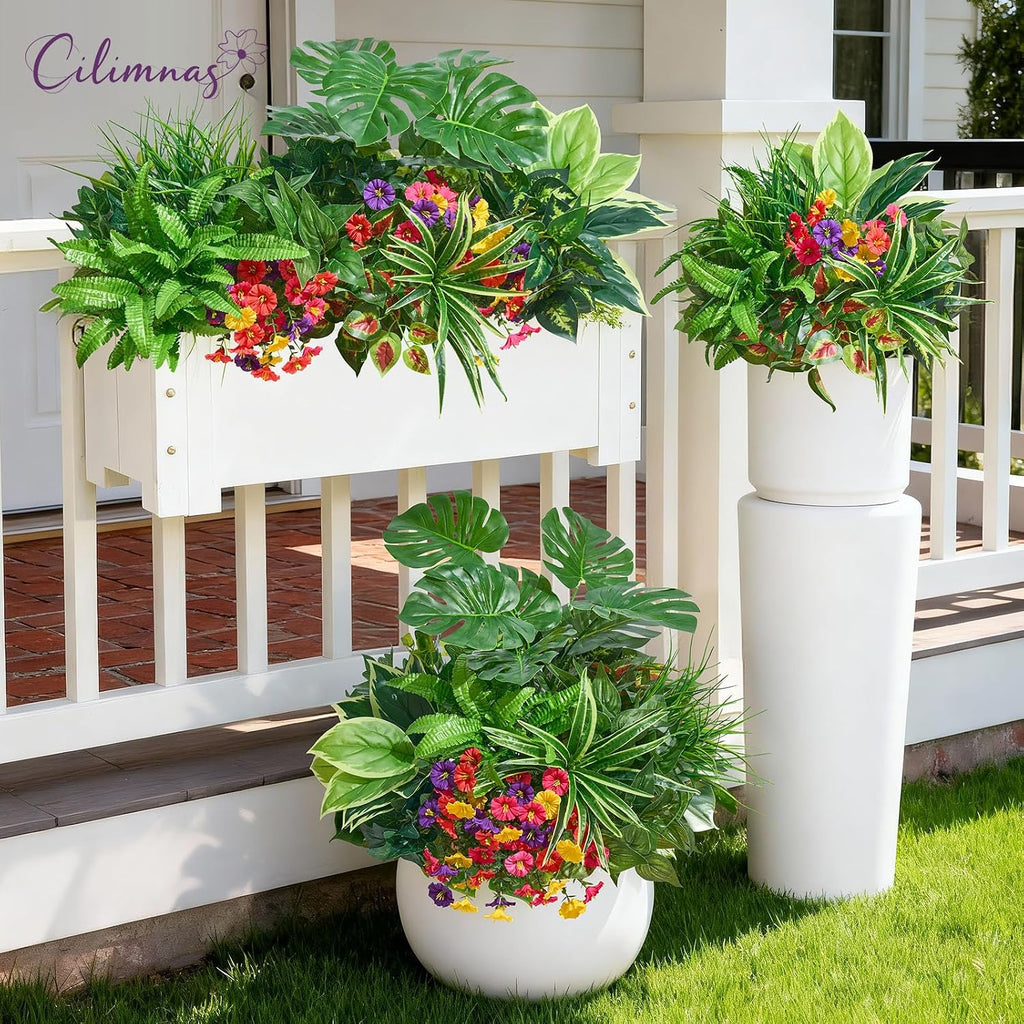 Artificial Plants Outdoor 18PCS UV Resistant Greenery&Flowers | Highly Realistic Faux Plant Outside with Stems for Front Proch Garden Patio Planters Window Boxes Home Decor