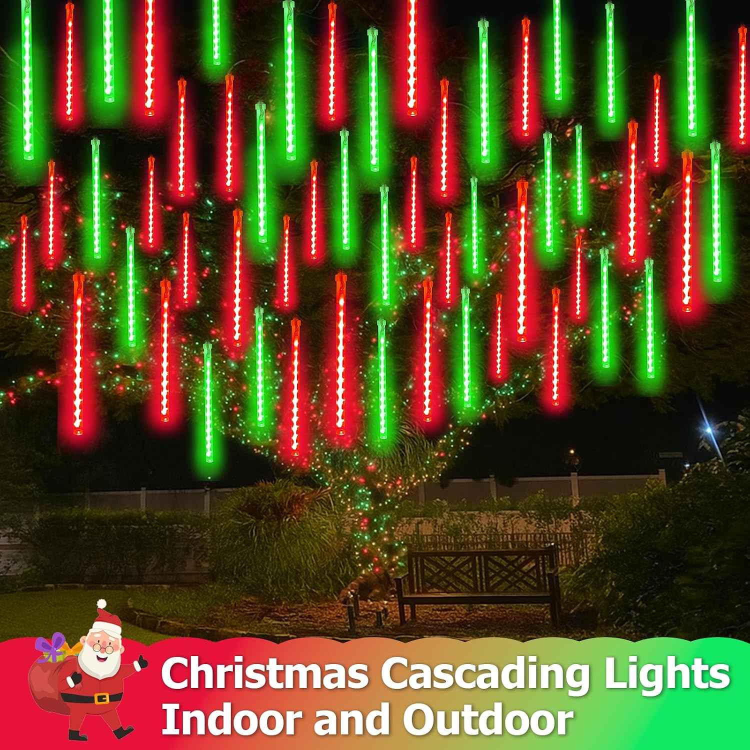 2 Pack Christmas Lights Outdoor 16 Tubes 384 LEDs Meteor Shower Rain Lights | Extendable, Timer, Waterproof Christmas String Lights, Icicle lights Outdoor for Xmas Tree Garden Yard Decor, Red and Green