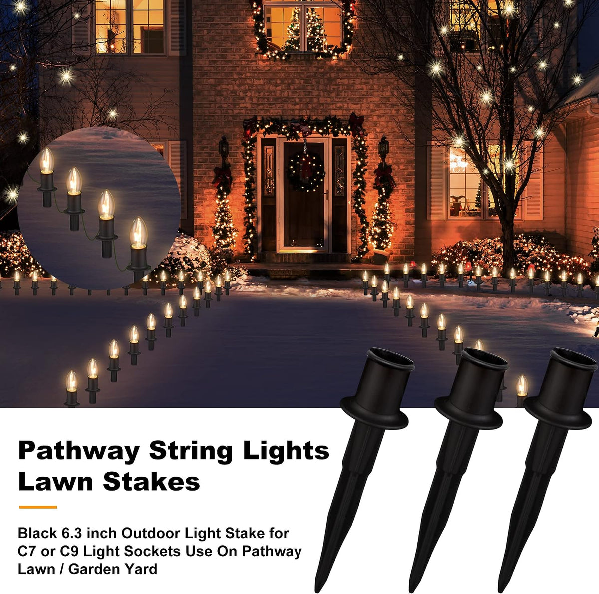 TIORIY 25 Pack 6 Inch Christmas Light Stakes - for C7 C9 Pathway String Lights Outdoor, Durable Plastic Lights Stakes, Use on Yard Garden Lawn Patio Path Walkway Decorations (25, Black)