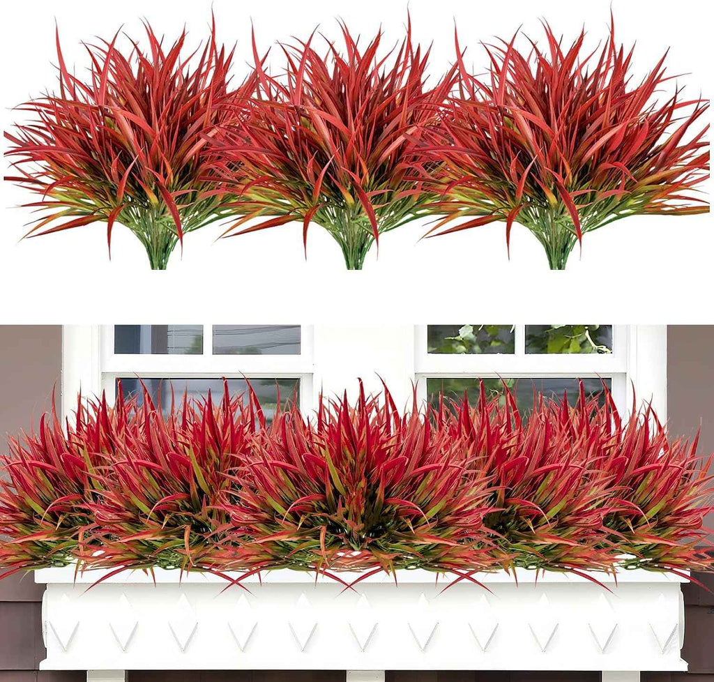 Artificial Outdoor Plants, 16 Bundles UV Resistant Fake Grass, Deep Red Faux Greenery Shrubs for Garden, Porch, Window Box