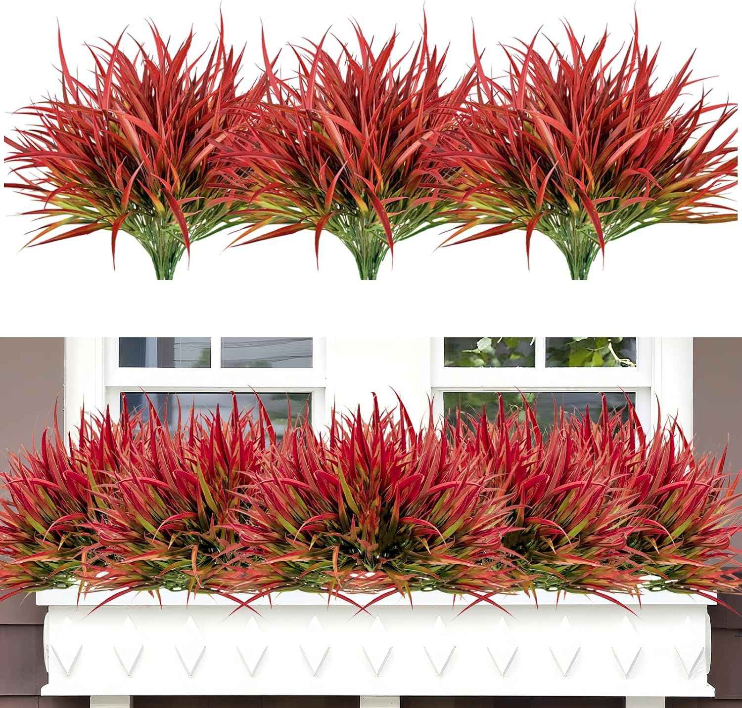 Artificial Outdoor Plants, 16 Bundles UV Resistant Fake Grass, Deep Red Faux Greenery Shrubs for Garden, Porch, Window Box