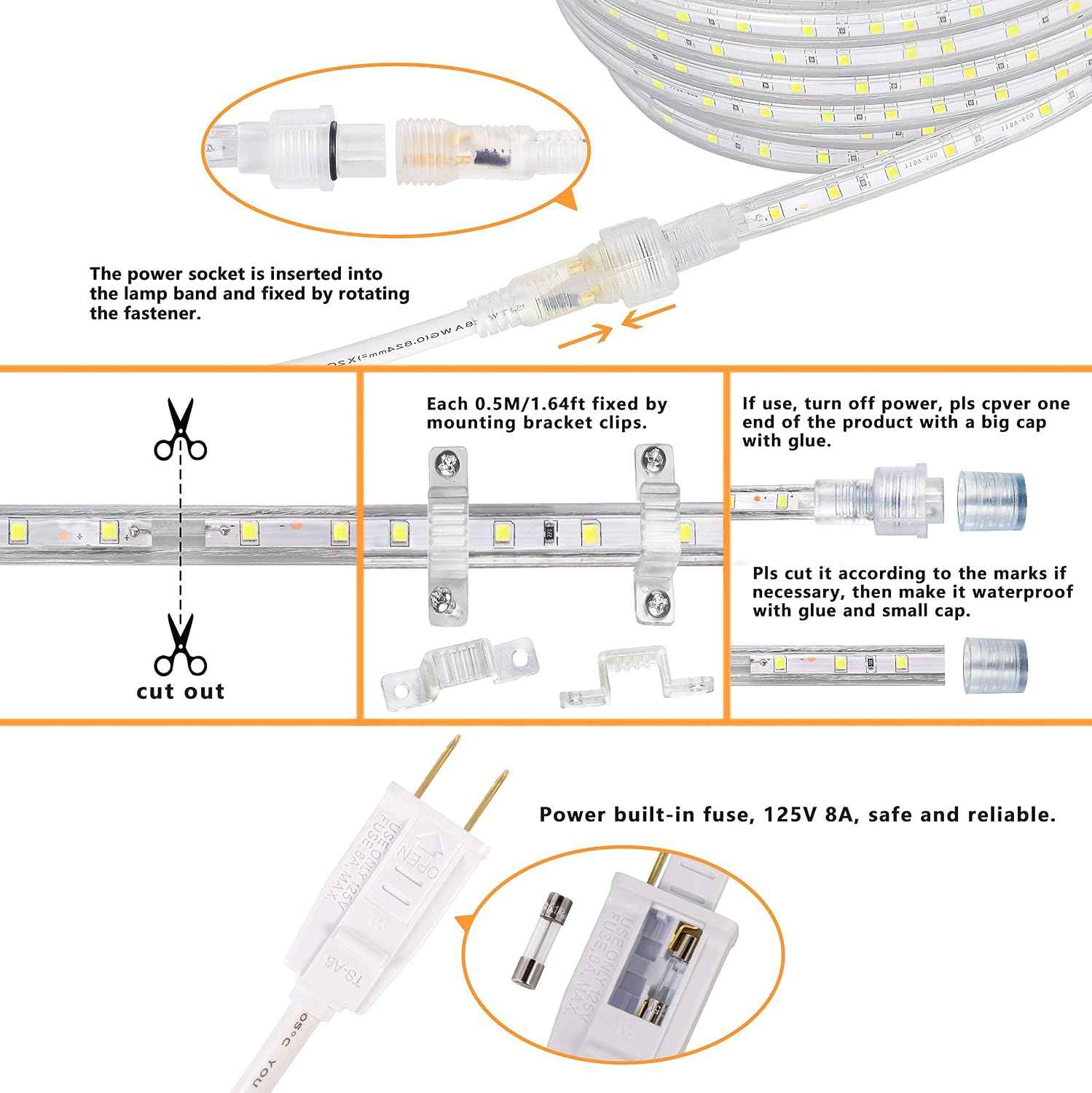 SURNIE 50ft LED Rope Lights Outdoor Waterproof, 110V Flexible Daylight White Bright Lighting Cuttable Connectable, Cool Clear Flat Strip Light 6000K for Outside Deck Patio Camping Decor, Not Tube Rope