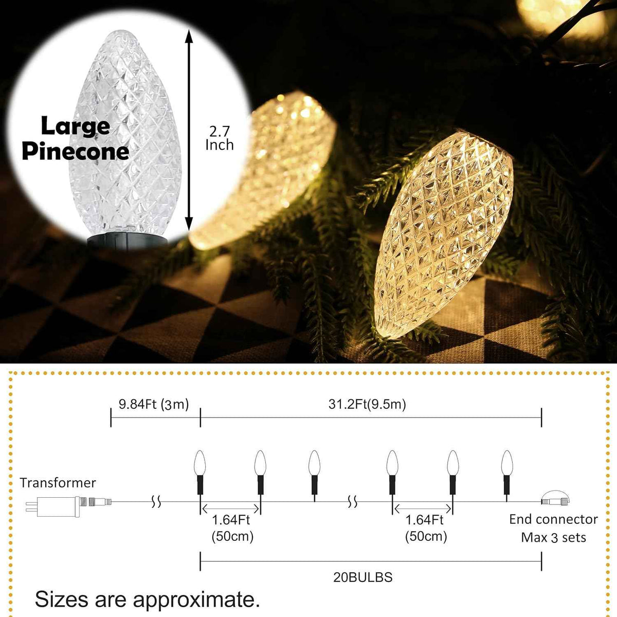 AWQ 20 LED 41 FT Christmas String Lights Oversize Pinecone for Xmas Decor | Christmas Lights Twinkle String Lights Plug in 11 Modes Timer&Memory Function Extendable for Outdoor Christmas Decorations