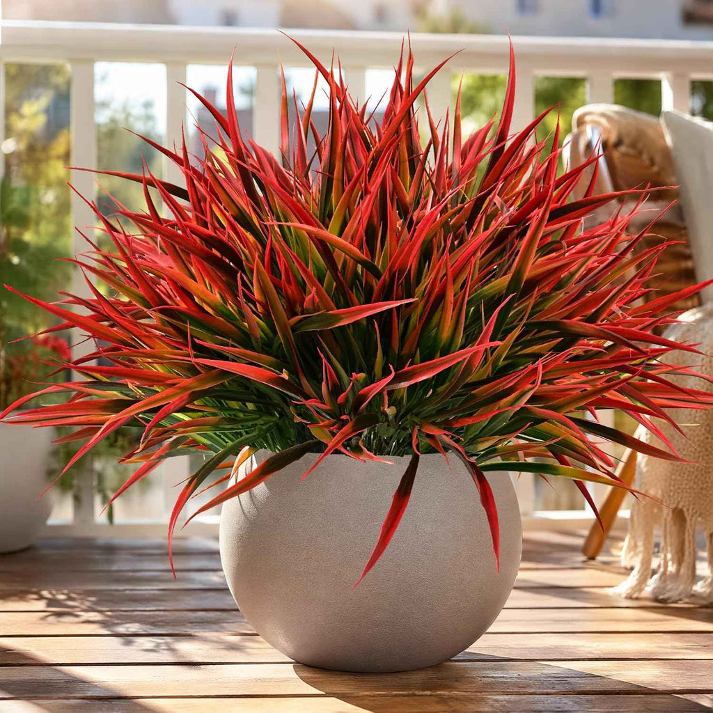 Waipfaru 12 Bundles Fake Plants Outdoor Artificial Grass Greenery Stems UV Resistant Faux Plants Shrubs for Home Garden Pathway Window Box Front Porch Spring Summer Decor (Gradient Red)