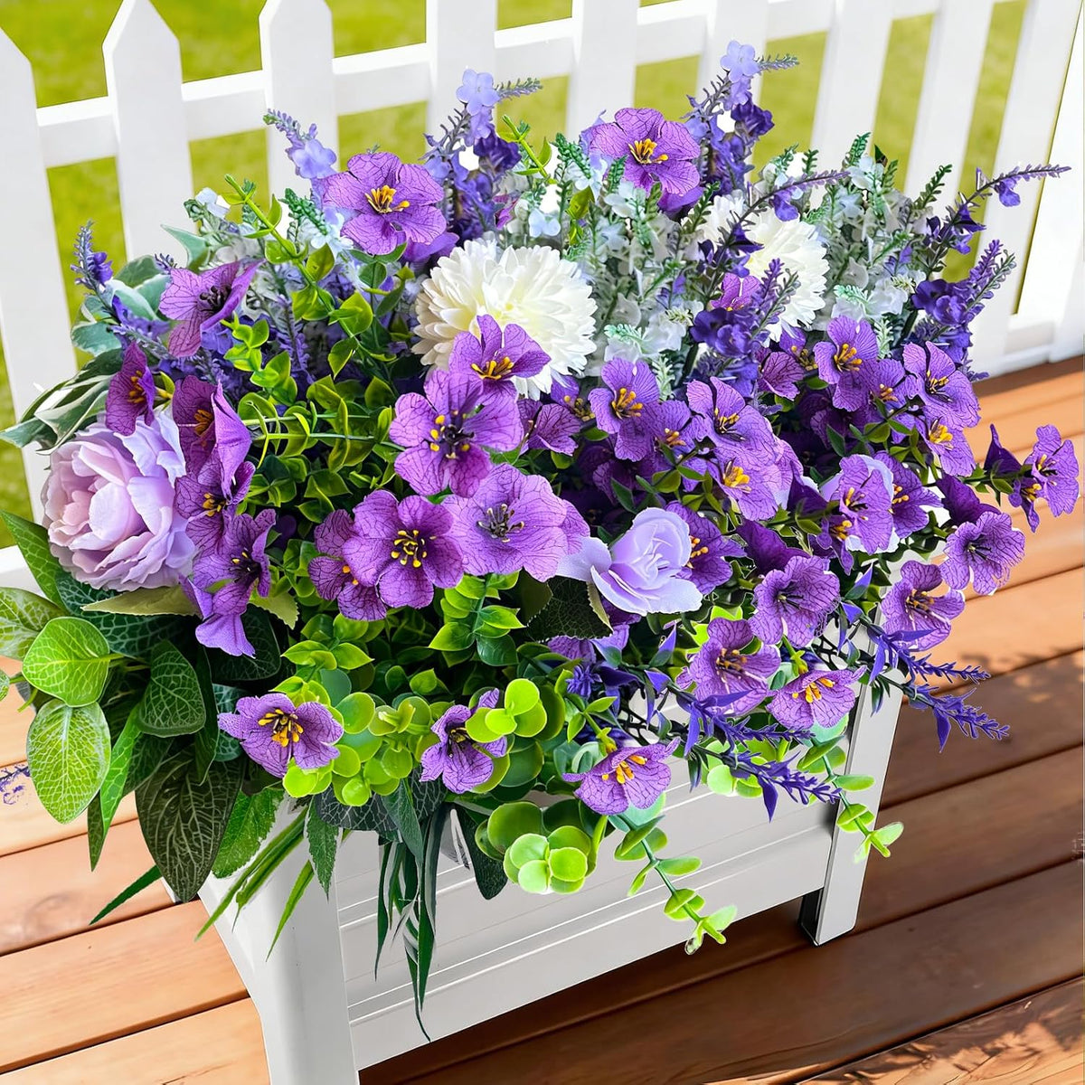 24Pcs Artificial Plants for Outdoor Faux Greenery & Flowers with Plastic Leave UV Resistant Fake Stems for Indoor Outside Garden Porch Window Box Home Décor