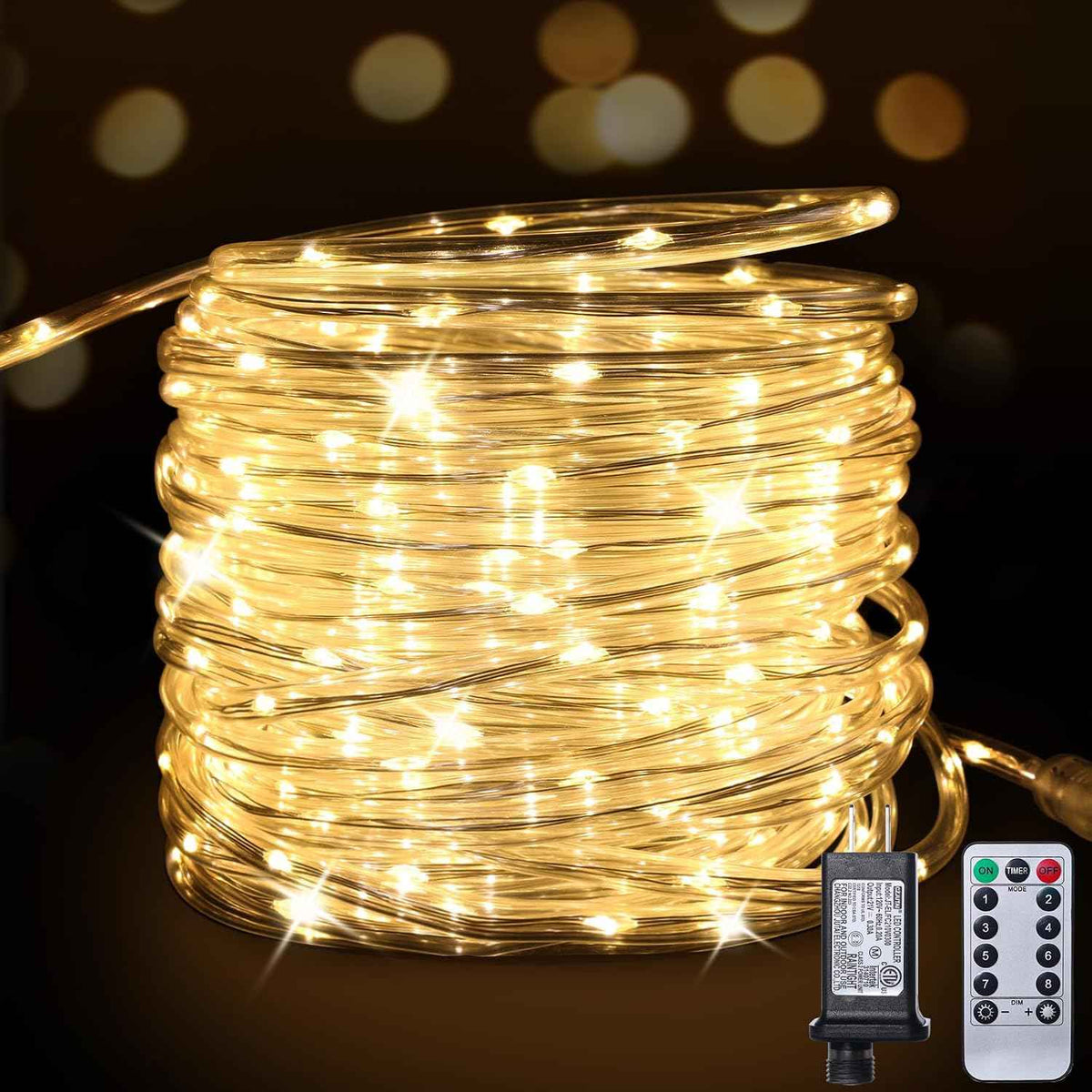 33FT 100LEDs Connectable Rope Lights Plug in,Warm White | Rope Lights for Outside,Waterproof 8 Modes Remote Tube Light for Indoor Outdoor Christmas Wedding Birthday Patio Porch Garden