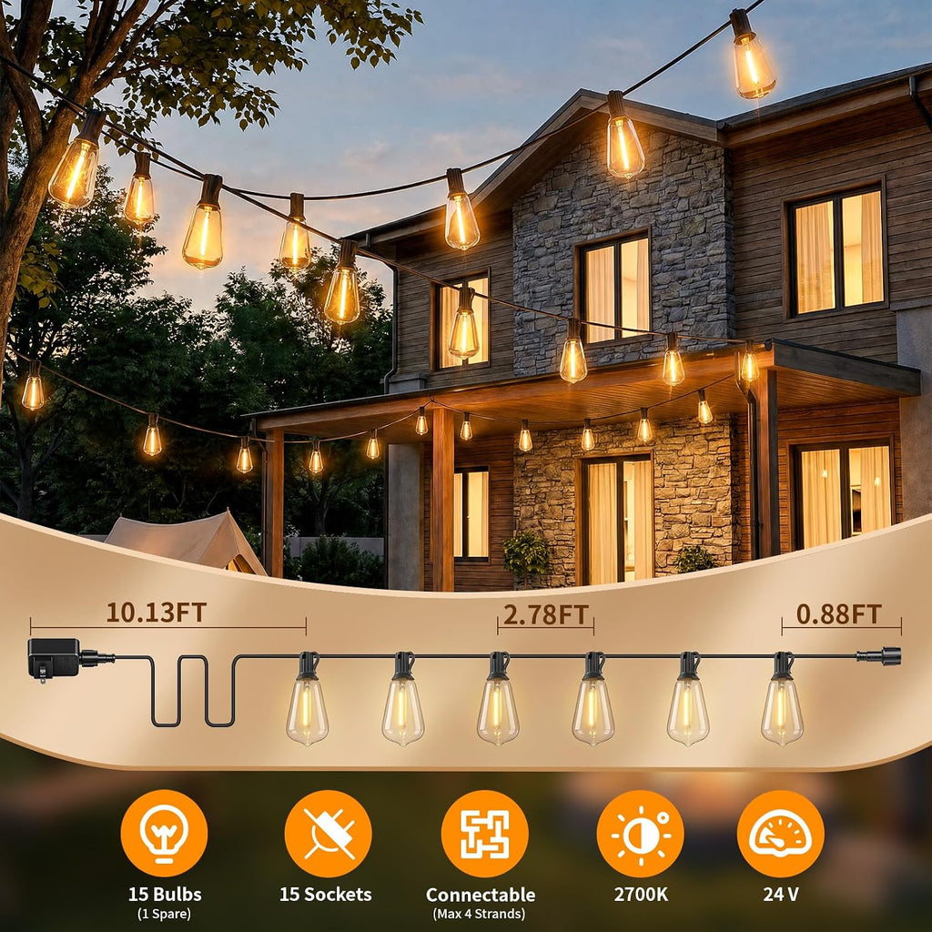 Hotsonic Remote Control Outdoor String Lights Waterproof, 50FT LED Outside Lights with Shatterproof Bulbs, Dimmable Hanging Lights 3 Modes for Patio Porch Garden Pergola Yard House Bistro Party Decors