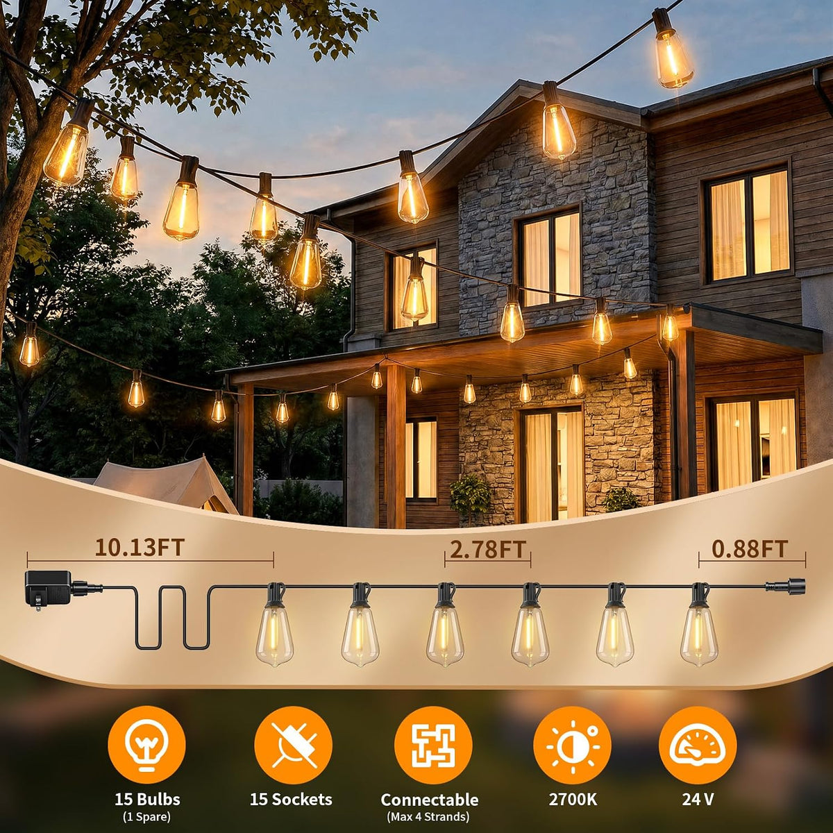 Hotsonic Remote Control Outdoor String Lights Waterproof, 50FT LED Outside Lights with Shatterproof Bulbs, Dimmable Hanging Lights 3 Modes for Patio Porch Garden Pergola Yard House Bistro Party Decors