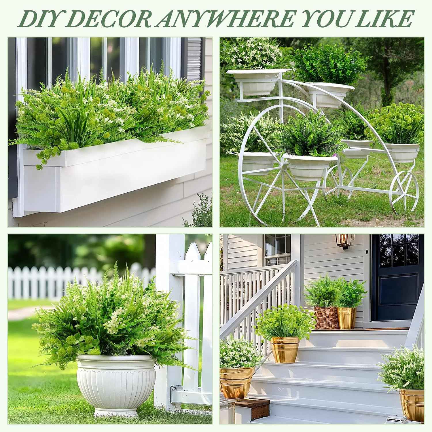 24 Bundles 6 Styles Artificial Plants Flowers for Outdoors Summer Decor | UV Resistant No Fade Faux Plants Plastic Greenery Shrubs, Fake Fern Lavender Boxwood for Garden Porch Yard Home Outdoor Decor