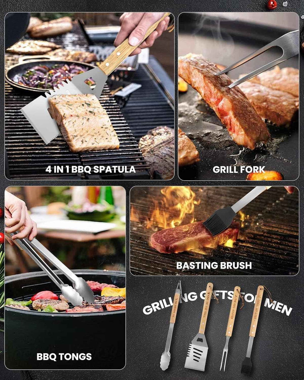 4PCS Grilling Accessories BBQ Tools - Stainless Steel Grill Set with Tongs, Fork, Spatula, Brush, Carrying Bag, Birthday for Men, Father, Husband