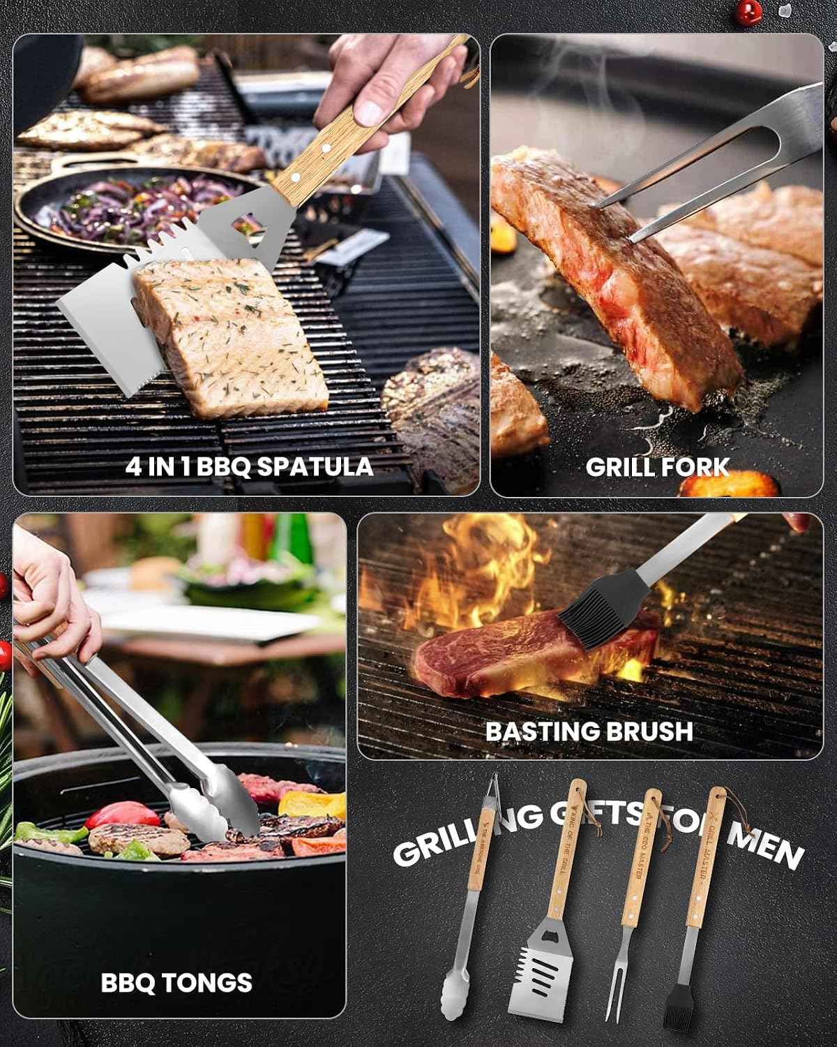 4PCS Grilling Accessories BBQ Tools - Stainless Steel Grill Set with Tongs, Fork, Spatula, Brush, Carrying Bag, Birthday for Men, Father, Husband