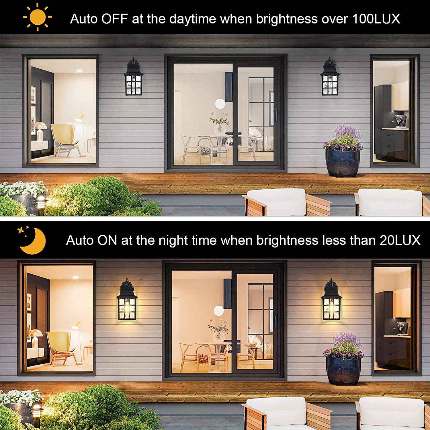 WIHTU Dusk to Dawn Outdoor Wall Lights 2Pack, Classic Exterior Porch Light | Aluminum Frame, Water Rippled Glass, Waterproof, E26, Sensor Exterior Lighting Fixtures, Wall Sconce For Garage, Front Door