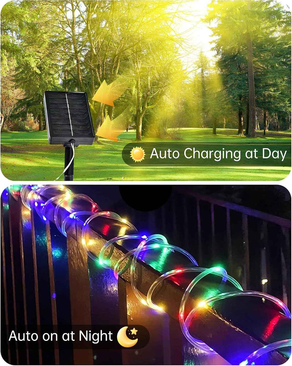 Solar Rope Lights Outdoor, 2 Packs Total 144FT 400LED Solar String Lights with 8 Lighting Modes, Waterproof Solar Powered Fairy Lights for Party Garden Yard Home Holiday Tree Decoration, Multicolor