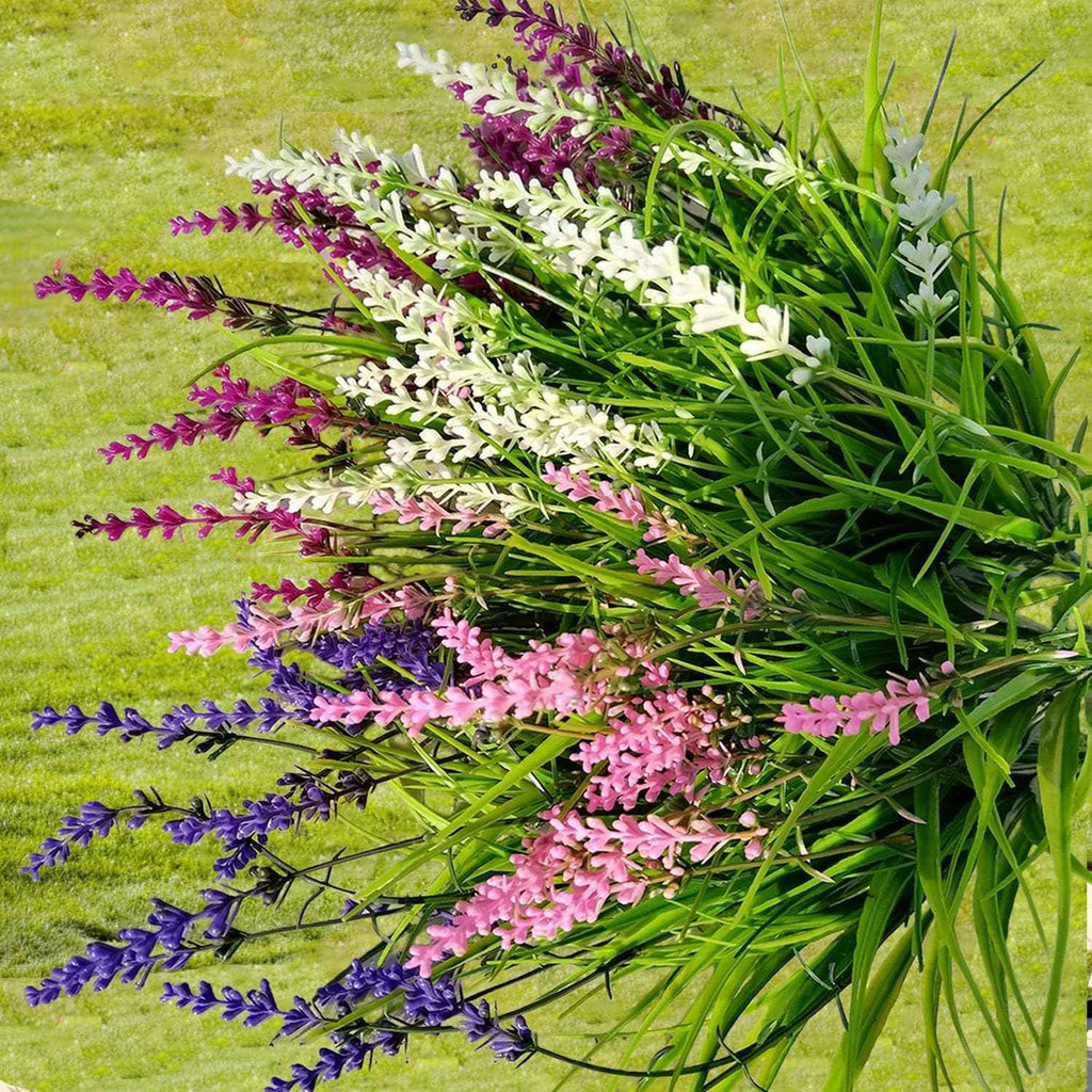 Artificial Faux Plants Flowers for Outdoor Decorations,Faux Plastic Fake Monkey Grass Greenery for Spring Summer UV Resistant Realistic Artificial Shrubs for Courtyard Window Garden(B-White, 12 PCS)