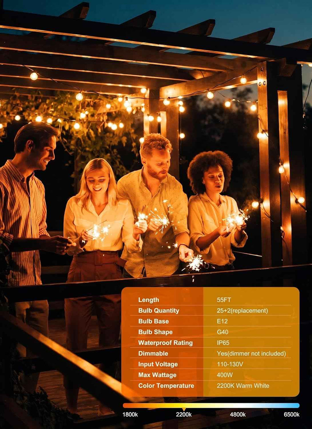 Outdoor String Lights, 55(50+5) FT 25 Bulbs IP65 Waterproof Patio Lights | Shatterproof Dimmable Hanging Connectable G40 Globe LED Outdoor Lights for Christmas, Backyard, Bistro, Porch