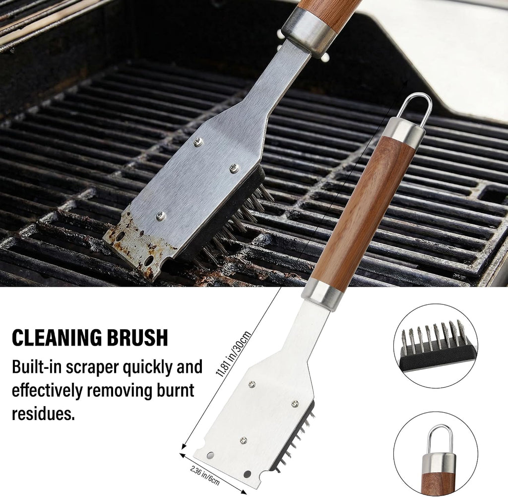 Grill Set, Grill Tools for Outdoor Grill Utensils Set BBQ Accessories | Grilling Tools Set, Spatula, Fork, Brush, Tongs & Cleaning Brush, Gifts for Men Dad Him (Wood)