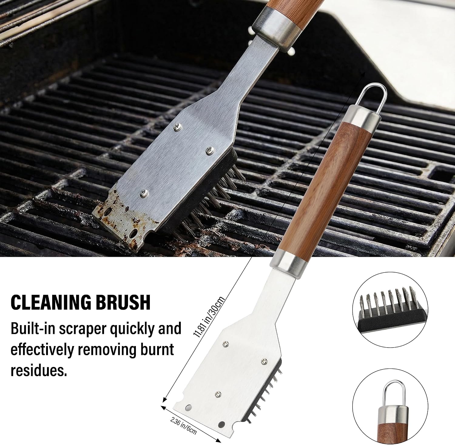 Grill Set, Grill Tools for Outdoor Grill Utensils Set BBQ Accessories | Grilling Tools Set, Spatula, Fork, Brush, Tongs & Cleaning Brush, Gifts for Men Dad Him (Wood)